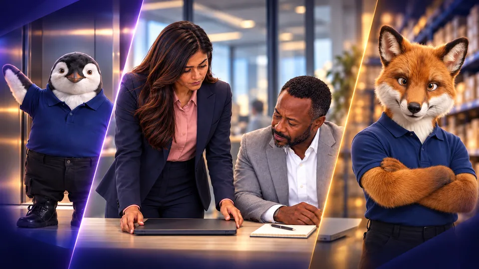 Two colleagues review work at a desk, flanked by an AI-generated penguin and fox character in branded polo shirts.